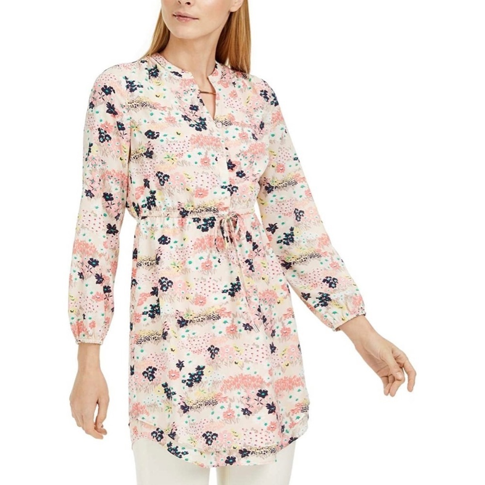 Maison Jules Womens Floral Split Neck Shirt Tunic